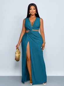 SOLERSUN Plus Size Women's Spring And Summer Solid Color Textured Fabric Waist Hollow Twist High Slit Sexy Long Dress, Beach Vacation - Teal Blue - View 5