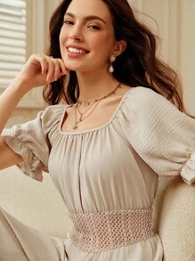 Omancia 女士休闲镂空拼布设计连体裤，适合外出、家居服、感恩节、万圣节、教师装、秋夏季