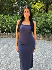 Lucia Bellido 1pc Women Solid Color Mermaid Hem Long Elegant Halter Neck Dress Maxi Women Outfit - Royal Blue - View 1