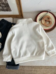 1 Peça Moletom Casual Fofo Diário Versátil para Meninos Jovens, Bordado em Inglês Bege e Branco Felpudo, Gola Alta Solta de Manga Longa, Adequado para Passeios, Escola, Reuniões Diárias, Outono/Inverno - Branco - Visão 6