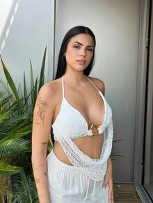 Lucia Bellido 女士夏季性感波西米亚海滩度假演唱会服装女士露背领带金属装饰钩针夏季上衣，女士夏季服装，女士性感俱乐部服装 - 白色 - 查看 6