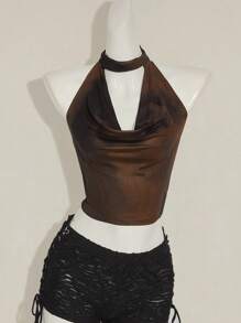 SHEIN ICON Y2k 夏季外出俱乐部音乐会黑红西部嬉皮花卉女式扎染网眼印花露背背心 - 棕色 - 查看 5