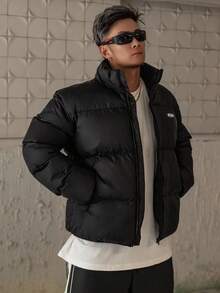 DAZY 男式黑色字母印花立领夹棉大衣，冬季夹克 - 黑色 - 查看 7