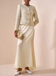 Zivah Autumn New 2 Pieces Set,Crew Neck Long Sleeve Jacket With Metal Decor & High-Waist Satin Skirt,Elegant Beige Semi Formal Music Festival Graduation - Apricot - View 6