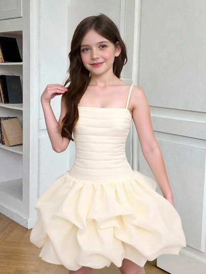 Tween Girls Elegant Apricot Fitted Ruched Organza Bubble Hem Mini Dress, Suitable For Weddings, Parties, Graduations, Summer  Kid Party Dress Kid Dress For Birthda Garden Party Dressy Party  Girls Party Dress All White Party Outfit Girls Party Dress Summer Party Dress Ivory Dress Girls Tween Short Spaghetti Straps Elegant Dress Tween Dress