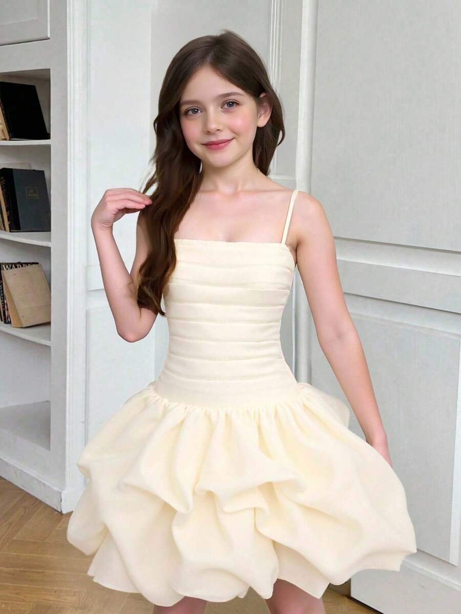 SHEIN Tween Girls Elegant Cream White Organza Bubble Hem Mini Dress,Spaghetti Straps Ruched Fitted Party Dress For Summer Birthday Weddings Graduations - Apricot - View 1