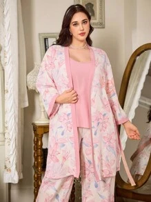 FairyFlirt 大码碎花睡衣套装，优雅印花吊带睡衣套装，柔软梭织面料，三件套，秋冬服装 - 粉色 - 查看 4