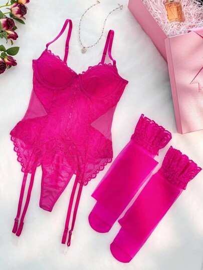 Bloemen Kanten Underwire Garter Corset Lingerie Set 1pair Stocking view 7