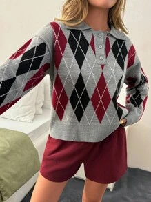 EURMUSE Women Diamond Pattern Polo Neck Button Detailed Drop Shoulder Pullover,Jumper,Cream Jumper,Jumpers,Black Jumper,Womens Jumper,White Jumper,Women's Jumper,Women's Jumpers,Winter Clothes - Multicolor - View 5