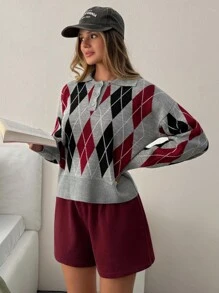 EURMUSE Women Diamond Pattern Polo Neck Button Detailed Drop Shoulder Pullover,Jumper,Cream Jumper,Jumpers,Black Jumper,Womens Jumper,White Jumper,Women's Jumper,Women's Jumpers,Winter Clothes - Multicolor - View 4