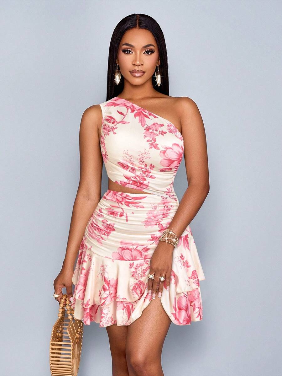 SOLERSUN Spring & Summer Women's Elegant Casual Vacation Dress, Yellow Flower Print On White Background, Sleeveless Asymmetric Shoulder Pleats, Waist Cutout, Ruffle Hem Mini Knit Dress Vacay Vibes - Pink - View 1