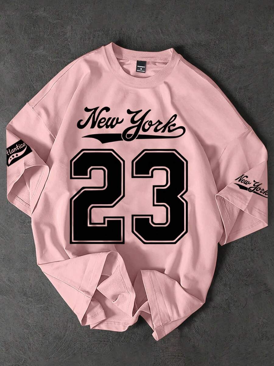 PAVTROS 男士字母印花圆领休闲修身短袖 T 恤，2000 年代风格 - 粉色 - 查看 1