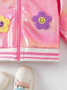1pc Young Girl Vibrant Towel Embroidered Colorful Flower & Smiling Face Pattern Cute Jacket Back To School Outwear Fall Winter - Pink - View 3