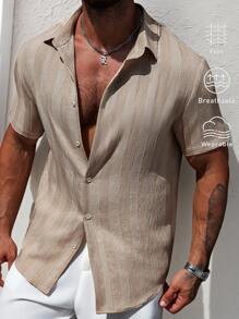 Manfinity CasualCool 条纹印花前开襟纽扣休闲短袖衬衫，男士亚麻提花条纹休闲短袖衬衫，夏季男士休闲装，简约百搭，适合日常通勤出行。 - 彩色 - 查看 1
