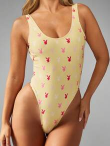 Missguided x Playboy Đồ bơi một mảnh hở lưng cao cho nữ in họa tiết thỏ khắp người, thích hợp cho kỳ nghỉ hè trên bãi biển, tiệc hồ bơi - Màu vàng - Xem 3