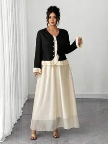 Elenzga Plus Size Women's Elegant French Style Black Patchwork Ruffle Flare Sleeve Button Blouse And Contrasting Color Mesh A-Line Maxi Skirt Two Pieces Set, Autumn/Winter Fall Cloth For Women