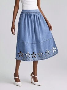 Selenza Chân váy denim chữ A thêu hoa rỗng thoải mái cho nữ - Rửa trung bình - Xem 4