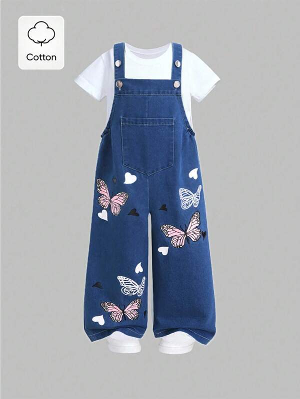 Young Girl' Cute Cartoon Butterfly Print Denim Bib Overalls, Casual & Fashionable For Summer Fall Winter