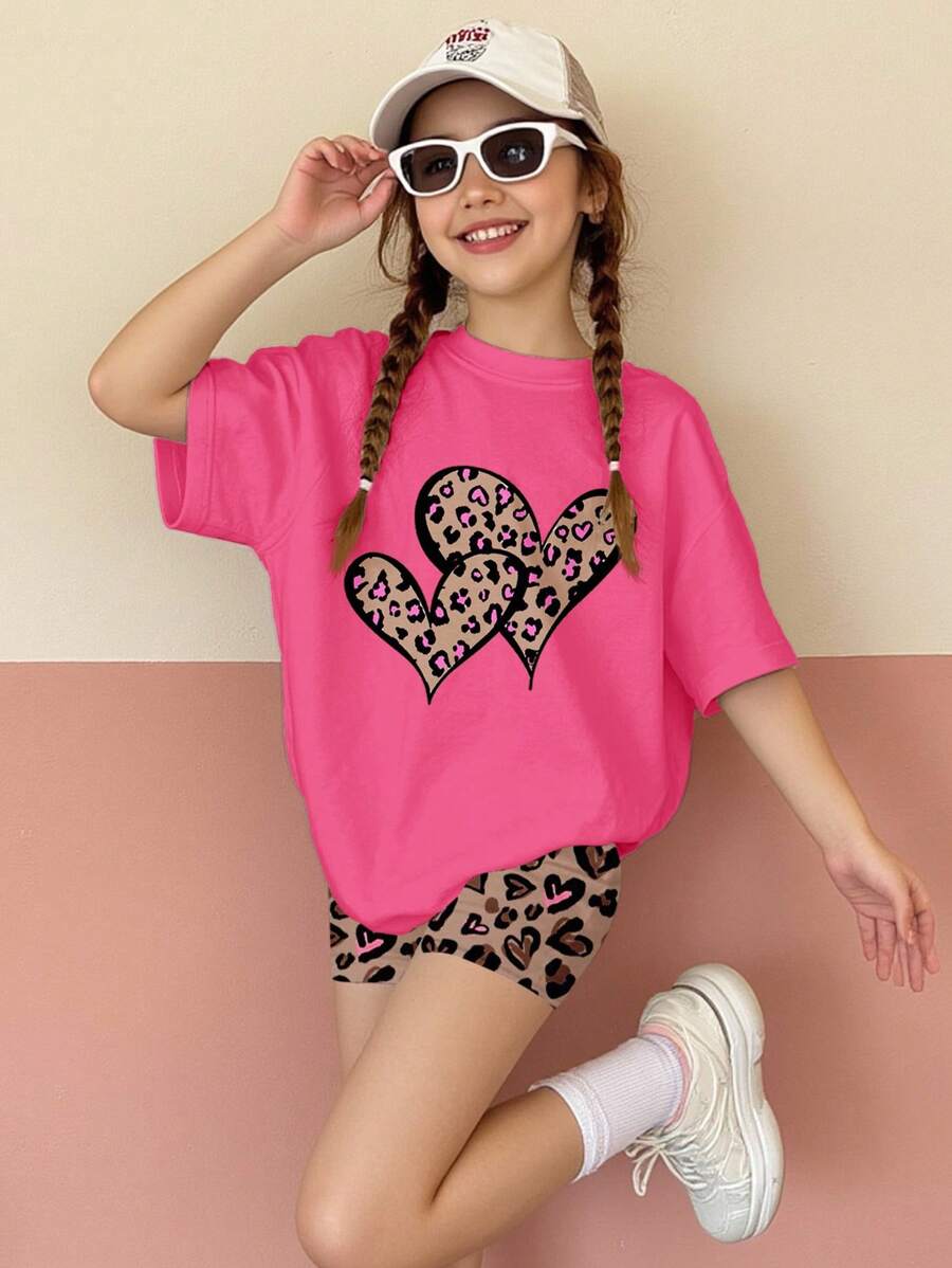 SHEIN Leap Crew 2 件套青少年女孩休闲简约短袖宽松 T 恤和紧身裤套装，适合夏季 - 彩色 - 查看 1