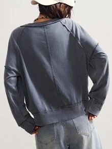 Bohemela 女士休闲纯色针织圆领短袖宽松运动衫爱心运动衫个性运动衫秋冬 - 灰色 - 查看 7