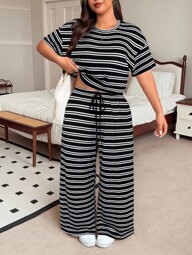 SHEIN EZwear Plus Size Red Striped T-Shirt And Pants Casual 2 Pieces Set, Summer