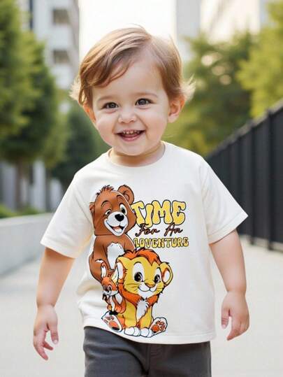 Camiseta de manga corta con cuello redondo para niño pequeño, estilo casual, cómoda y suelta, con diseños de animales de dibujos animados, leones, letras en inglés y patrones deportivos, adecuada para el verano