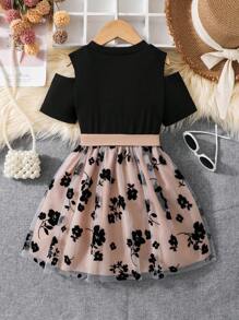 SHEIN Glamorique Kids 年輕女孩露肩短袖花卉網片拼接套頭裙,配上腰帶,適合淑女風格