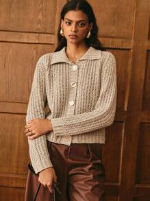 Poéselle Cárdigan de mujer con botones metálicos de color marrón claro cálido, cárdigan de punto con botones básico de unicolor casual y sencillo para ir al trabajo, estilo campestre bohemio occidental para otoño, invierno y vuelta al colegio - Caqui - Ver 6