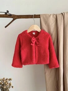 SHEIN Baby Girls' Autumn/Winter Warm Fleece Cardigan With Bow, Versatile And Elegant, Suitable For Outings Fall - Red - View 4