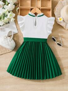 Elladie kids Young Girl Ruffle Trim Pleated Hem Belted Dress Summer Holiday - Green - View 2