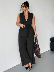 Firerie 大码女装休闲优雅通勤简约纯黑色神秘无袖系带背心马甲腰系带宽松阔腿裤带口袋两件套/演唱会改良机场教师工作服，秋季女装大码裤装套装大码两件套女优雅两件套两件套裤子套装女秋季 - 黑色 - 查看 5