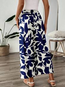 SHEIN LUNE Women's Casual Floral & Leaf Print 3/4 Pants, Suitable For Summer, Everyday Wear, And Vacation Suitable For Going Out Printed Pants Wide Leg Summer Pants Women Casual Pants Fall Clothes Winter Clothes - Multicolor - View 2