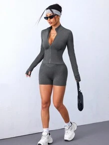 Easithlete Women's Solid Color Zip Front Jacket And Shorts Sports Casual Suit - Dark Grey - View 5
