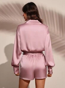 Chiquease 女士休闲浪漫温柔淑女通勤魅力领带蝴蝶结连体裤 - 粉色 - 查看 2