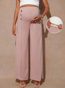 MaterniChic Pantaloni casual a vita elastica, a gamba dritta e morbidi, di colore unito, per donne in gravidanza - Cachi - Visualizzare 1