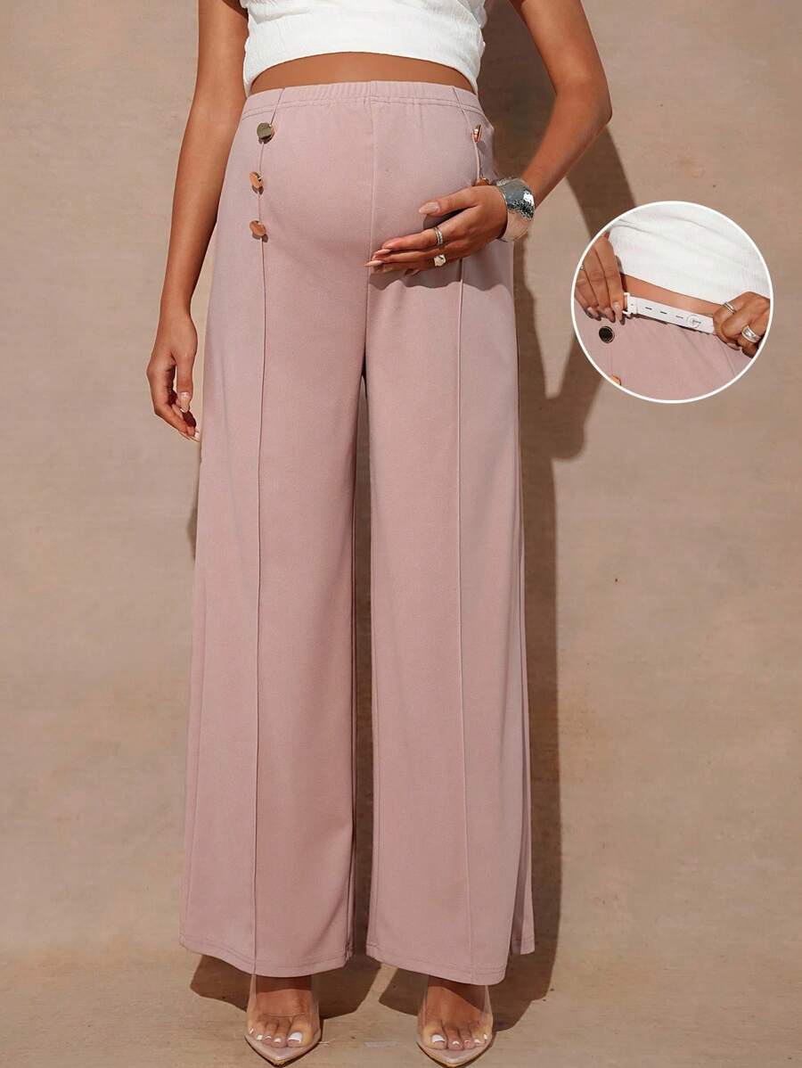 MaterniChic Pantaloni casual a vita elastica, a gamba dritta e morbidi, di colore unito, per donne in gravidanza - Cachi - Visualizzare 1