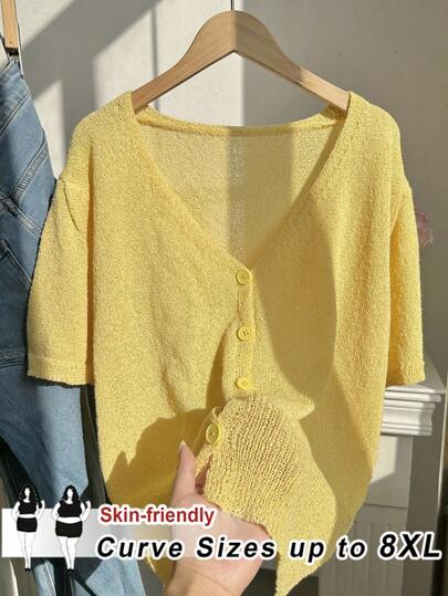 SHEIN CURVE+ Plus Size Plain Simple Daily Short Sleeve Thin Cardigan Plus Size Summer Cardigan Plus Size Yellow Cardigan Plus Size Knit Top 8xl Women Clothes 6xl Plus Size Cardiganfall Clothes For Women,Winter,CURVE PLUS