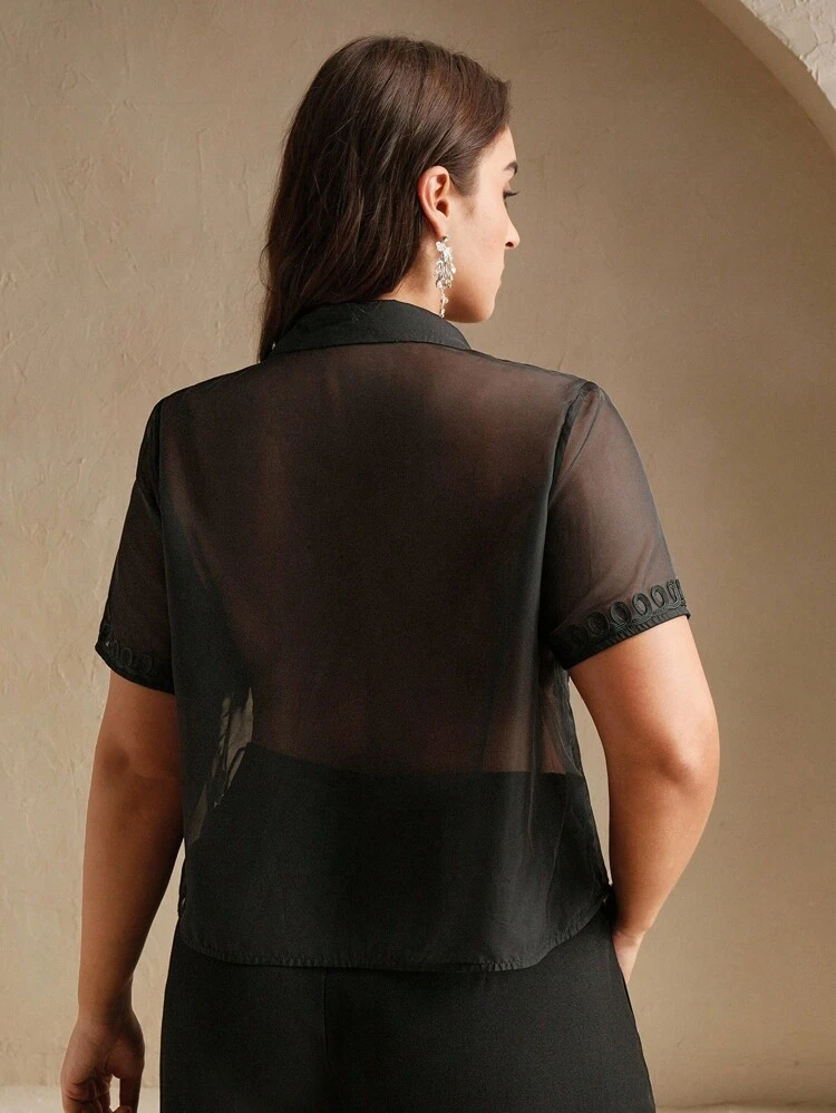 Camicetta casual con colletto alto, cintura, elegante e sexy, manica corta, lunghezza regolare, taglie comode