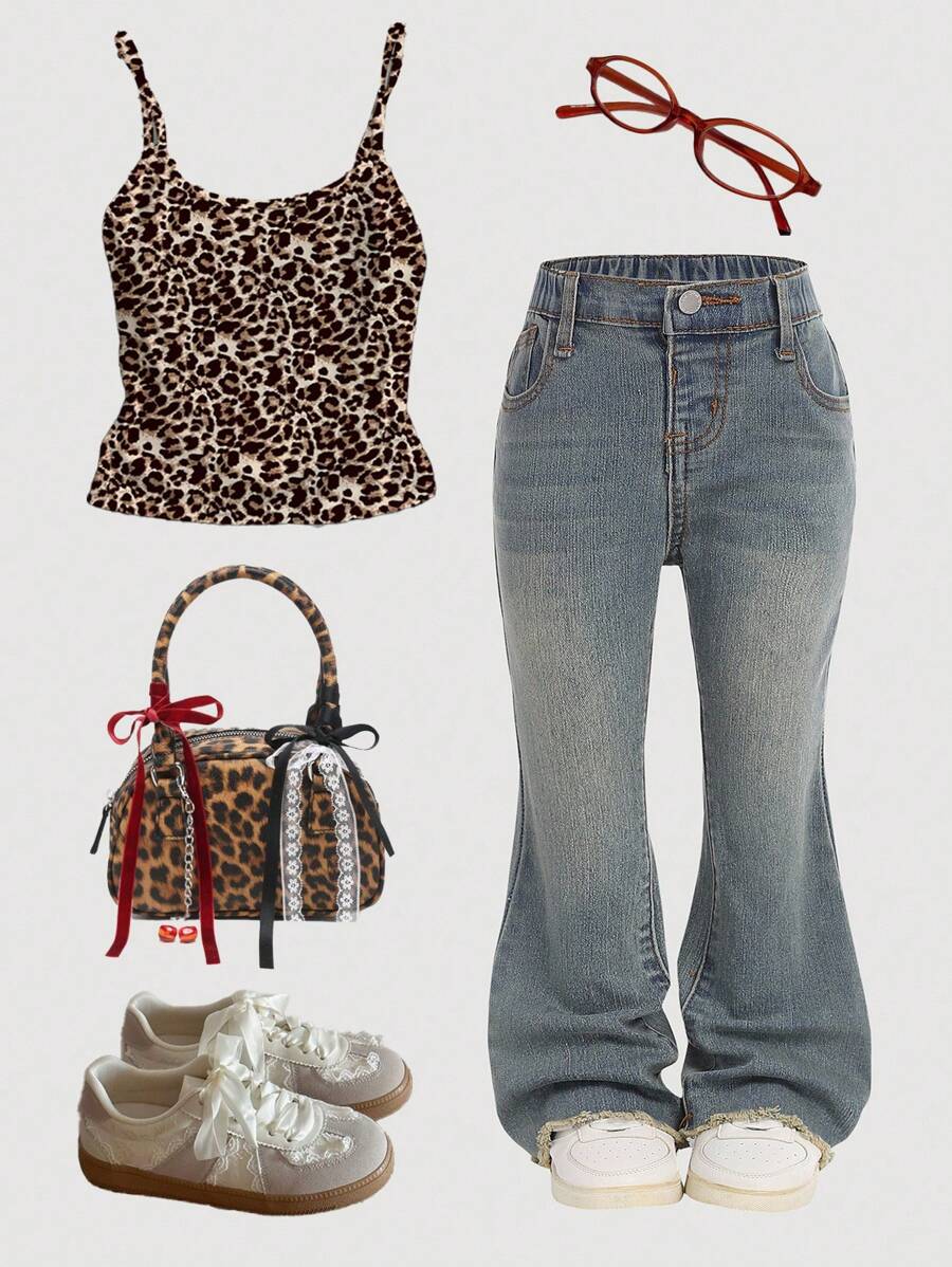 SHEIN Jeans Flare com Lavagem e Bainha Deshilachada para Menina Casual - Lavagem clara - Visão 1