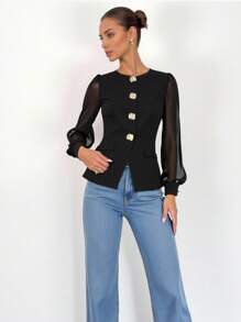 GlowEve Áo sơ mi tay dài đính nút kim loại bất đối xứng thanh lịch dành cho nữ - màu đen - Xem 6