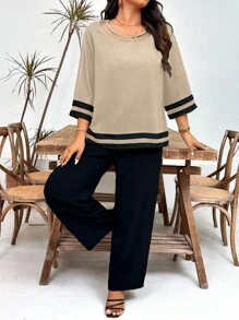 2件套大码假日休闲条纹衬衫和裤子套装 - 卡其色 - 查看 4