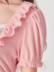 ROMWE EDITION 女式可爱学院风二合一蕾丝拼布格子蝴蝶结装饰紧身T恤 - 粉色 - 查看 3