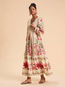 Travachic 女式度假花卉印花蕾丝拼布荷叶边褶皱长袖连衣裙 - 彩色 - 查看 4