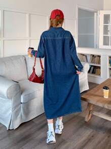 少女秋季休闲宽松长袖蓝色宽松柔软可爱牛仔衬衫裙，毕业典礼 - 深色水洗藍 - 查看 6