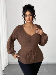 Elenzga Pull élégant à taille ajustée avec ceinture, grande taille - Tabac - Voir 3