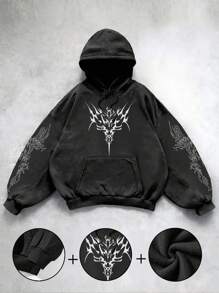 Attitoon Áo hoodie in họa tiết đồ họa tối giản, phong cách Punk Street cổ điển, rộng rãi, cỡ lớn dành cho nữ, mùa thu/đông - màu đen - Xem 1