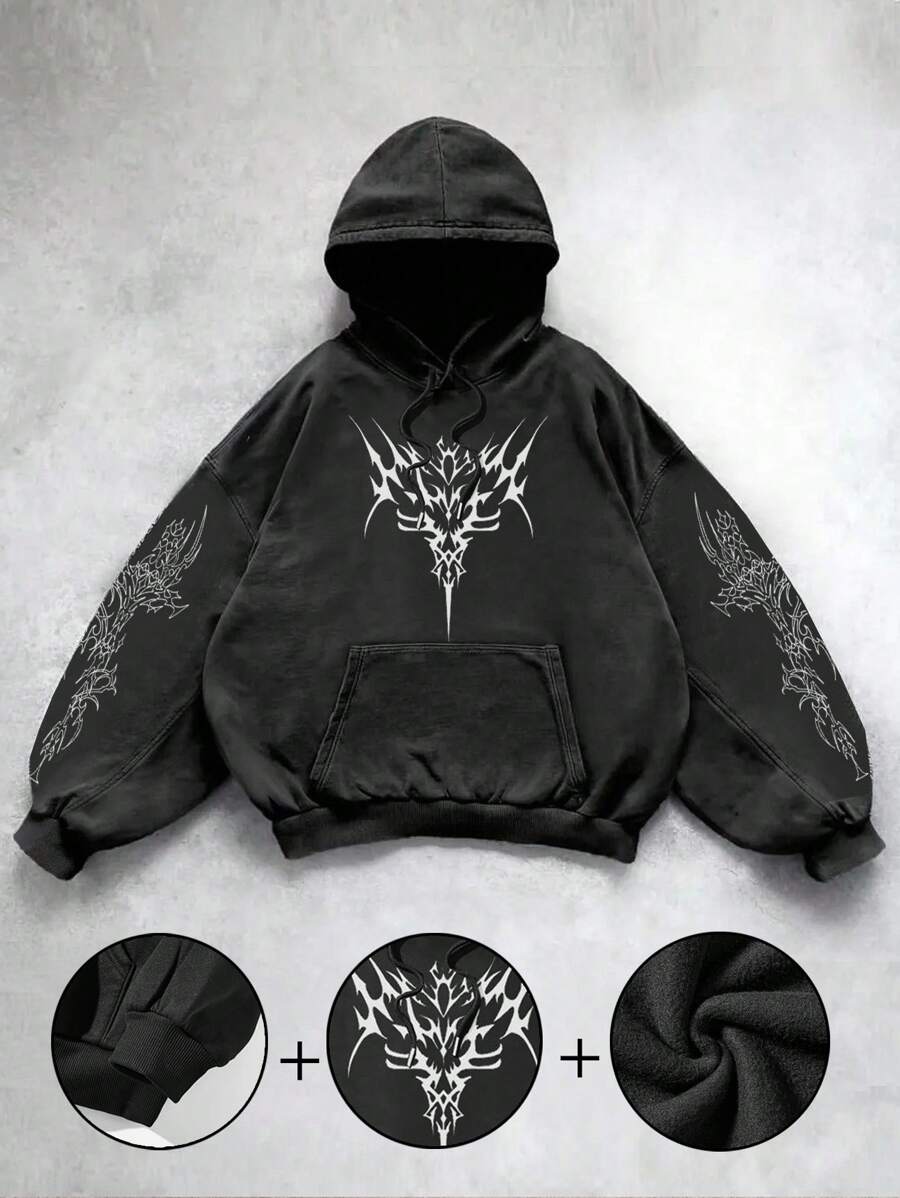 Attitoon Áo hoodie in họa tiết đồ họa tối giản, phong cách Punk Street cổ điển, rộng rãi, cỡ lớn dành cho nữ, mùa thu/đông - màu đen - Xem 1