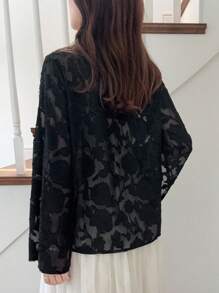 FRIFUL 女士黑色纯色透视网纱袖开衩休闲宽松百搭西装外套，适合机场、户外穿着及商务场合。 - 黑色 - 查看 5