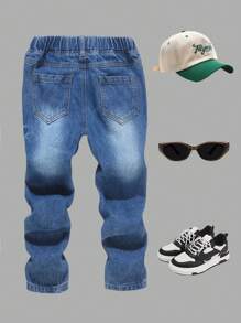 男童百搭修身锥形水洗刺绣牛仔裤，休闲日常百搭牛仔裤，秋冬 - 深色水洗藍 - 查看 2