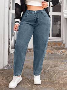 EURMUSE 100%Cotton Plus Size Tapered Casual Jeans - Dusty Blue - View 1